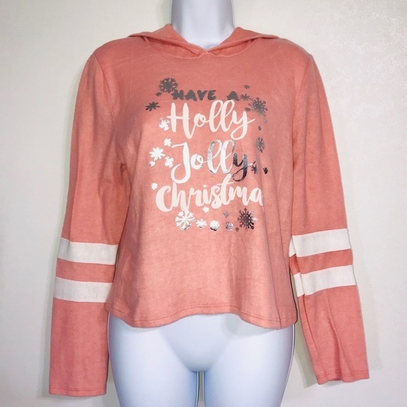 Pink Peony Holly Jolly Christmas Hoodie Pink Large - Picture 1 of 5